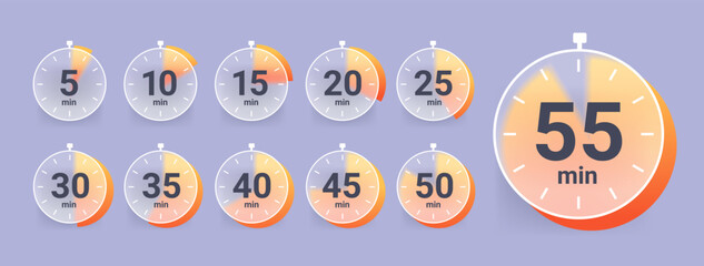 Set of glass morphism clock icon with different time. Timer vector collection