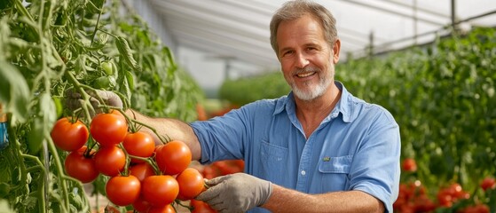 Tomato Farmer, Man harvesting ripe tomatoes in greenhouse, Fresh produce.