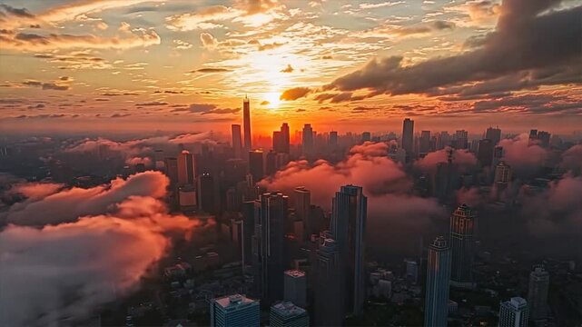 Golden hour paints urban canvas with fiery strokes, casting elongated shadows on bustling cityscape