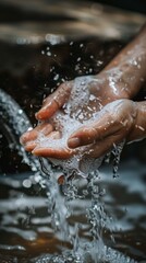 Fototapeta premium Hands under flowing water create waterfall-like effect with bubbles, against a dark backdrop, emphasizing clarity and movement on skin.