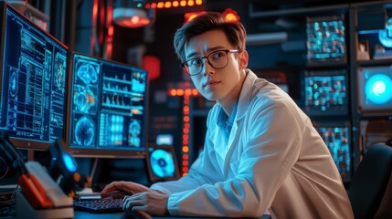 Lab Researcher, Scientist analyzing data on monitors, Research lab.