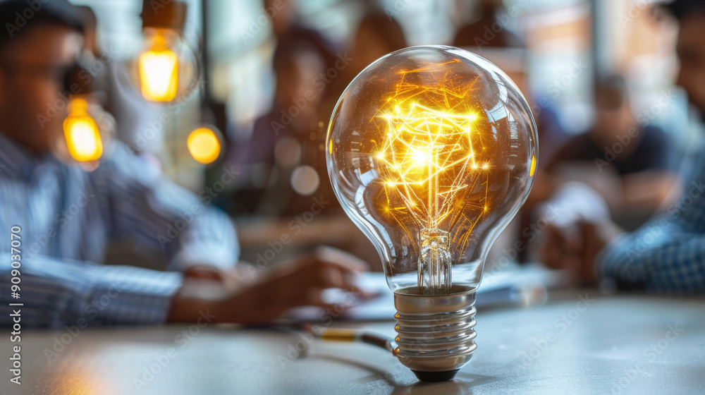 Poster close-up of a glowing light bulb with abstract connections, set in a modern office environment with 