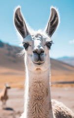 Obraz premium White llama with blue eyes, brown and white fur, and a blue sky, captures the playful spirit of a South American adventure. 