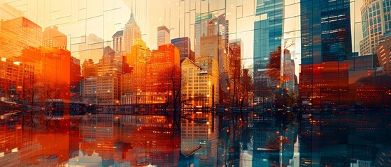A cityscape at sunset captures warm and cool tones, golden reflections, long shadows, and a colorful sky, transitioning from day to night in a bustling city.