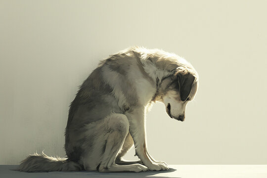 The repentant dog sits with his head bowed, eyes downcast