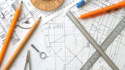 Precision Geometry Tools and Graph Paper Set on White Background