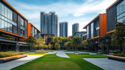 Fototapeta premium A large city with a large park in the middle. The park is surrounded by tall buildings and has a lot of trees