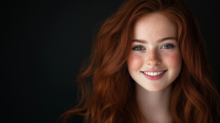 Naklejka premium Softly lit studio portrait of a freckled young woman, smiling with natural beauty and grace