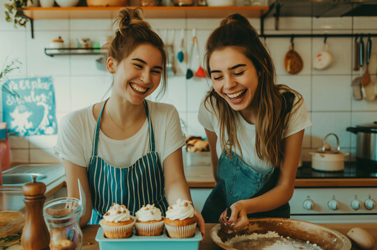 Two young women wearing aprons are laughing while baking cupcakes together in a kitchen