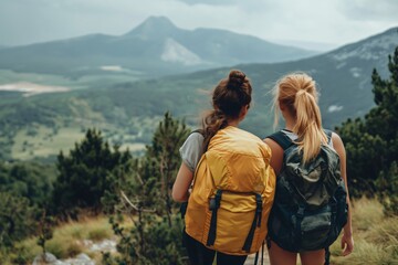 Obraz premium Two friends with backpacks are enjoying the view of a mountain valley while hiking
