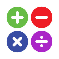 Vector illustration of set of mathematical symbols. Calculations and mathematical operations. Basic operations with numbers. Circular icons of addition, subtraction, multiplication and others.