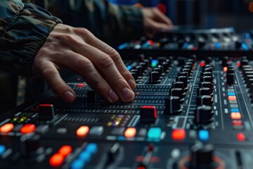 A close-up of a DJ's hand adjusting settings on a professional sound mixer in a vibrant music...