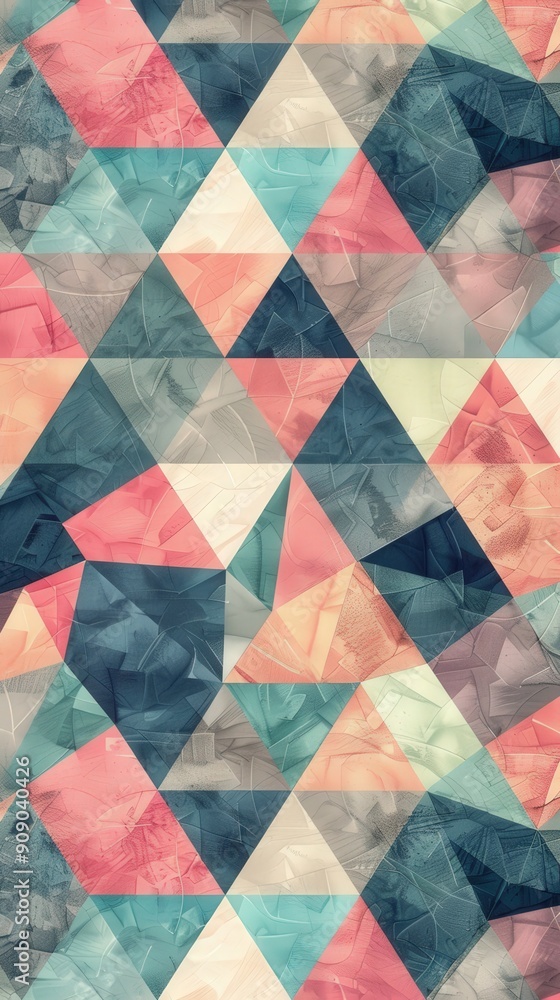 Poster pastel-colored geometric triangles are arranged in a visually captivating pattern, creating a soft a