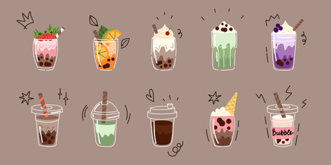 Bubble tea. Coffee and milkshakes with boba balls. Summer cold drink with tapioca pearls. Glass and takeaway plastic cups. Fruit yummy smoothie. Doodle drawing. Cartoon isolated illustration