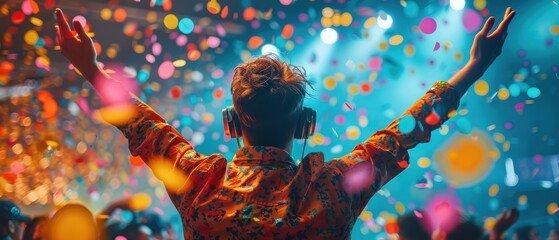 A joyful concert scene with vibrant confetti and an enthusiastic audience celebrating music and togetherness.