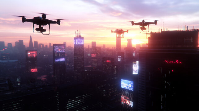 Futuristic city skyline at sunset with flying drones and holographic billboards, blending 2D and 3D elements seamlessly