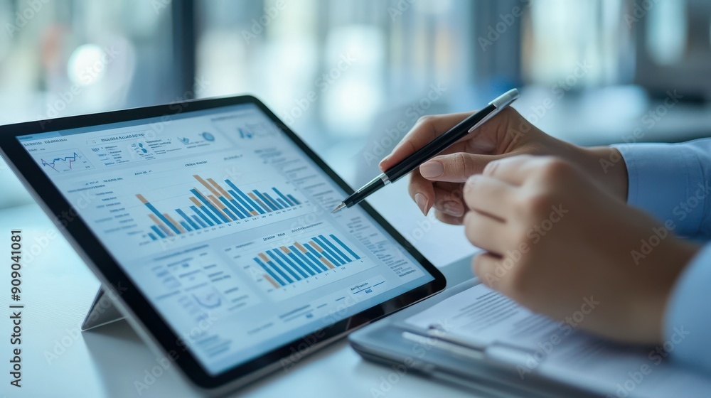 Aufkleber a professional analyzing data on a tablet with graphs and charts, ideal for business and financial p
