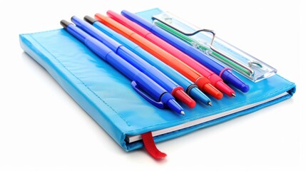 Fototapeta premium Organized School Supplies - Binder and Pens on Clean White Background