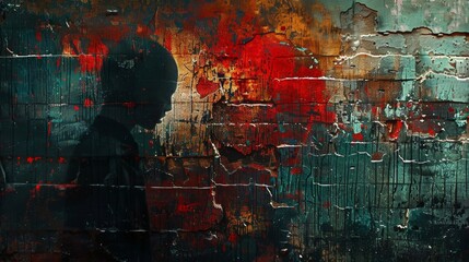 city street graffiti, dark, urban street art graffiti on a worn brick wall featuring a mysterious figure, adding intrigue and anonymity to the cityscape