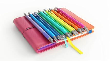 Fototapeta premium Organized School Supplies - Colorful Pens Set on White Background with Binder for Education and Study Planning