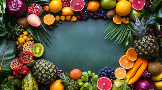 fresh fruit frame, apple, lemon, grape, pineapple, giwi , berry, copy text space
