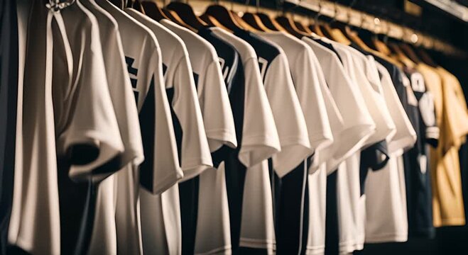Players' shirts in a locker room.