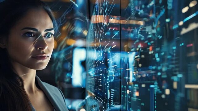 Urban woman navigating digital landscape, connecting data, design, and future possibilities