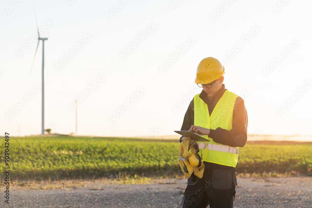 Aufkleber engineer with digital tablet controls wind turbines