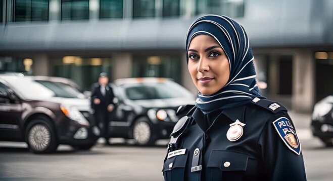 Female police officer wearing hijab.