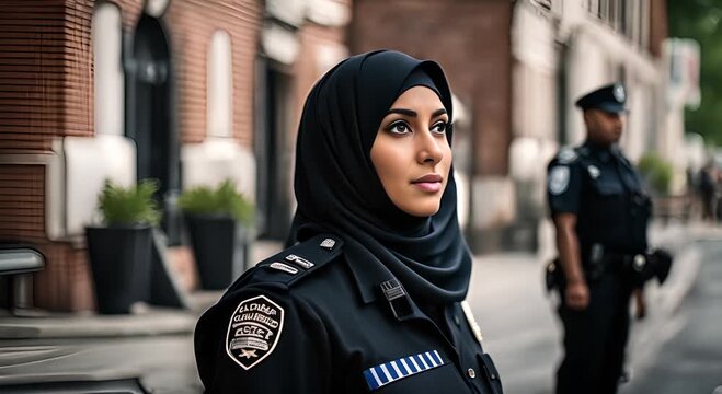 Female police officer wearing hijab.