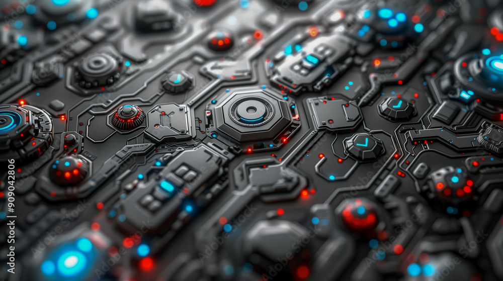 Poster futuristic circuit board with glowing lights..