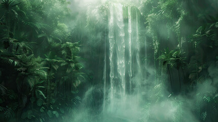 Misty Waterfall in the Rainforest Veil of Whispers Background AI Generative