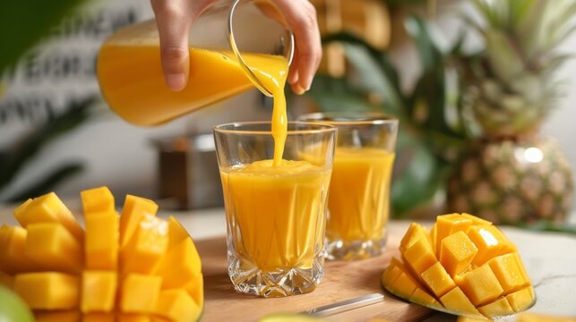 Close up of woman's hand pouring mango juice into a cup. Yellow mango juice in a glass bottle