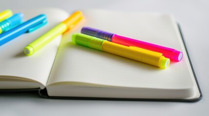 Fototapeta premium Brightly colored highlighters on open notebook against white background for studying and organization.