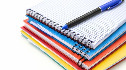 Fototapeta premium Organized Stack of Graph Paper Notebooks with Pen on White Background
