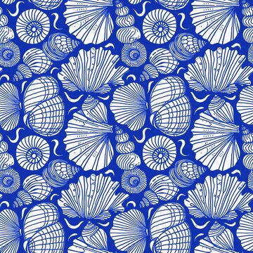 Azure blue white shell motif with linen seamless batik background, Modern coastal beach cottage rustic shell block print home decor pattern design in sealife beach style.