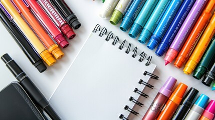 Fototapeta premium Vibrant Set of Colored Markers and Sketchpad on White Background for Artistic Creativity