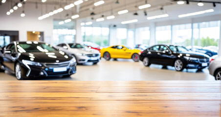 Obraz premium Empty wood table top with cars in showroom car dealership blurred defocused background for product display montage.AI generated.