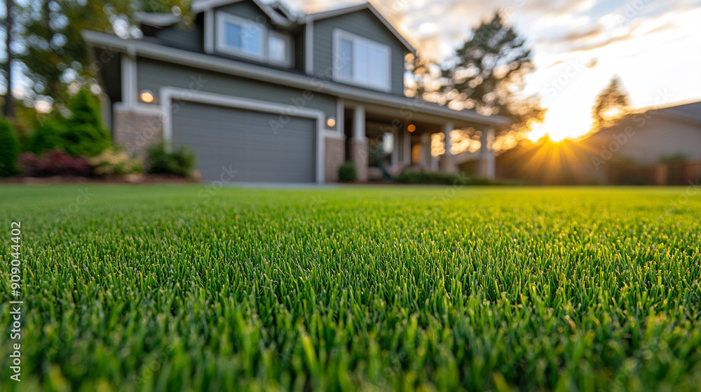 Wall mural green grass glows in the warm light of sunset, with a home blurred in the background, symbolizing peace, growth, and the warmth of nature blending with domestic tranquility