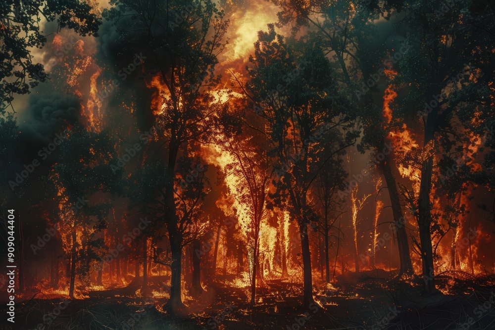 Poster Flames engulf trees in a forest, creating a dramatic display of fire and smoke as the landscape transforms under the heat of the blaze. Generative AI