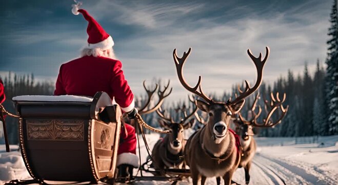 Santa Claus on a sleigh in the snow.