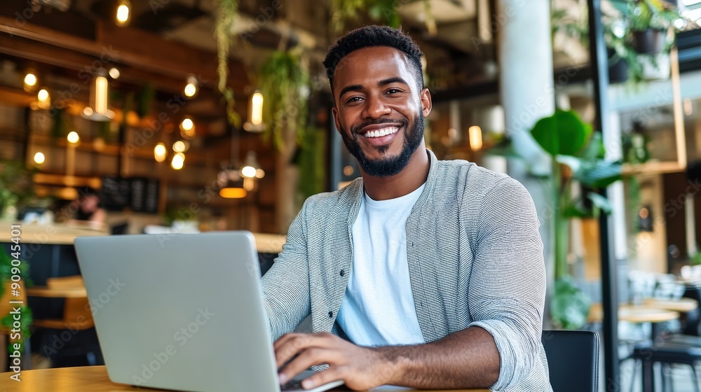 Poster a man is sitting at a table with a laptop in front of him. he is smiling and he is enjoying himself