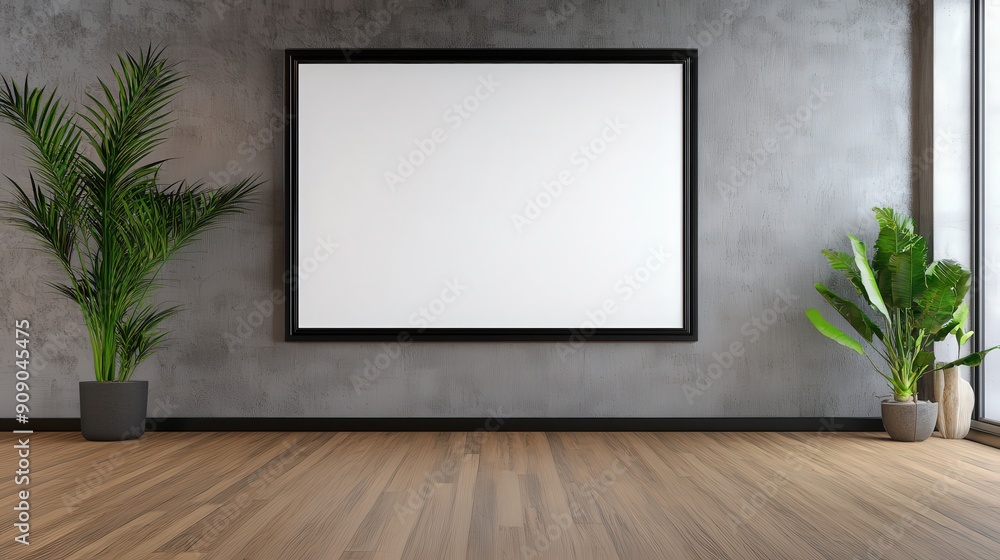 Poster a large white wall with a black frame and a large empty space in the middle. the room is bare and em