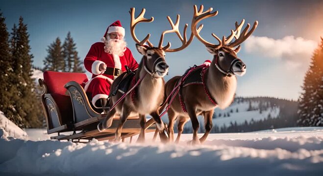 Santa Claus on a sleigh in the snow.