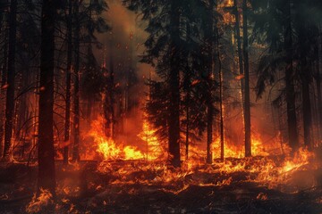 A fierce wildfire engulfs the forest, with bright flames rising and smoke billowing in the background, threatening the surrounding wildlife and environment. Generative AI
