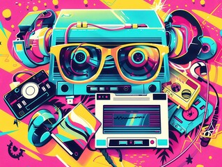 Fototapeta premium Nostalgic time capsule of the '80s featuring cassette tapes, vintage electronics, and retro fashion.
