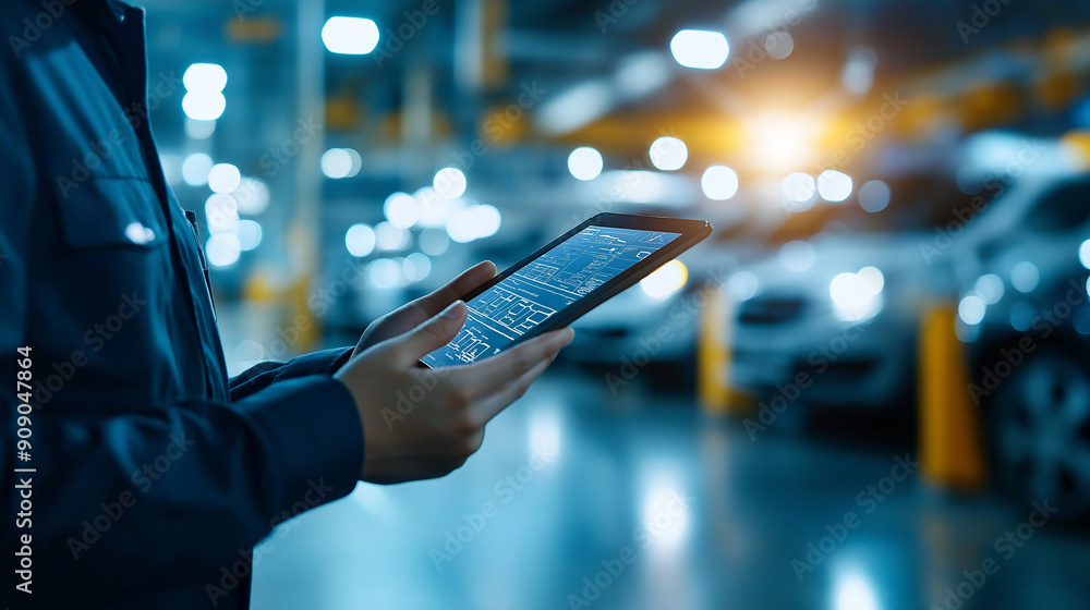 Poster service station worker using a digital tablet to check service schedules in a high-tech, modern auto