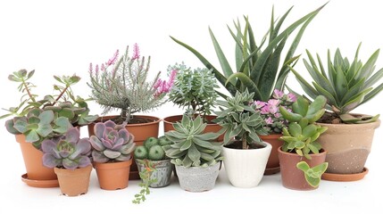 Fototapeta premium The Stunning Various Types of Succulent Indoor Plants Potted for Landscaping against a White Background: A Harmonious Blend of Nature and Aesthetics. Offering a Serene and Inviting Visual Experience.