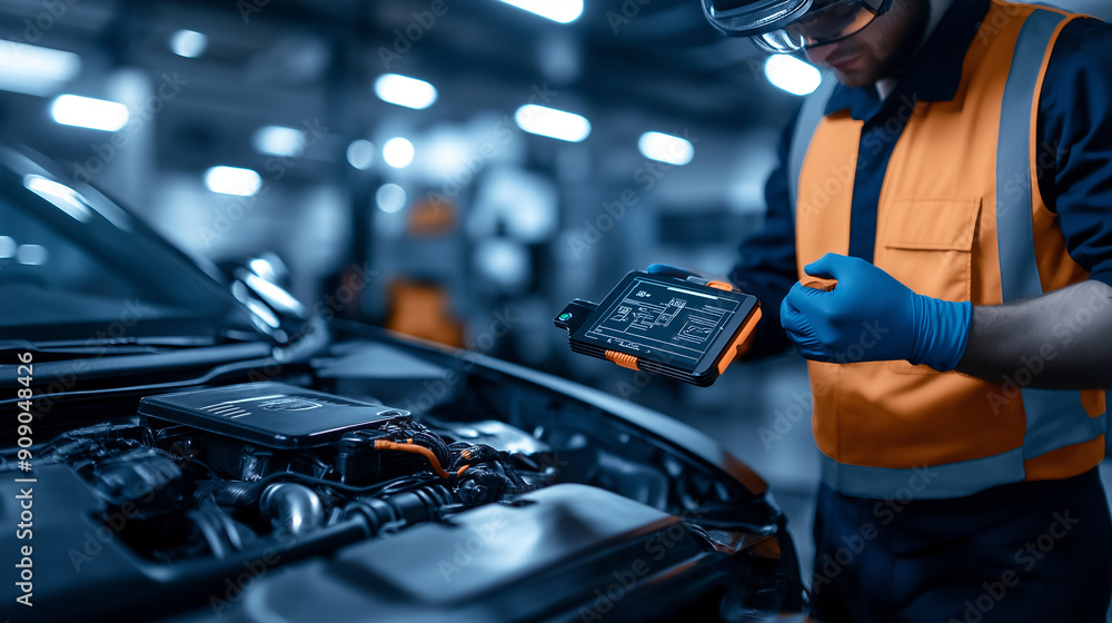 Poster service station worker using a digital diagnostic tool on a car's engine in a high-tech, modern serv