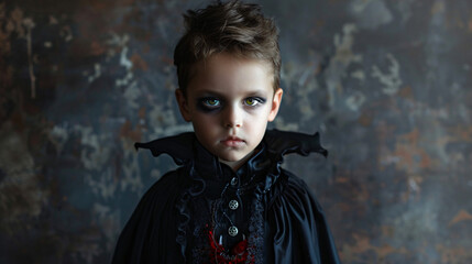 Young boy dressed in a vampire costume poses for a halloween portrait